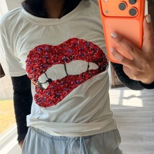 SHEIN White Tee with Red Sequin Lip Graphic